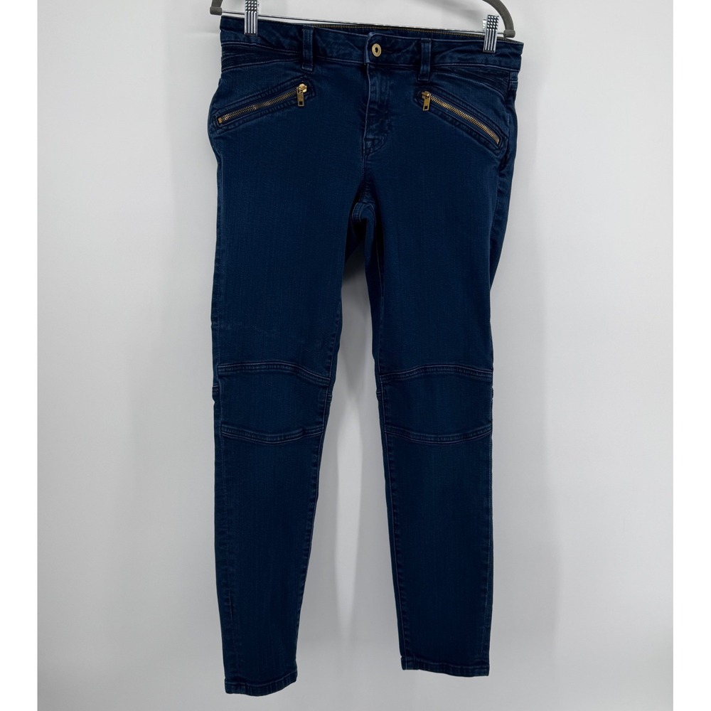 Tommy Hilfiger Jeans Womens 8 Blue Skinny Moto Dark Wash Gold Zip Paneled Denim